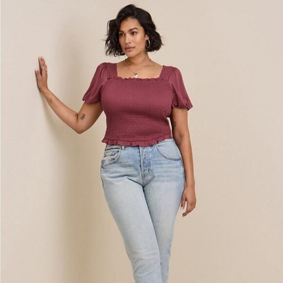 torrid Tops - Torrid - Stretch Challis Smocked Puff Sleeve Crop Top in "Wild Ginger Burgundy"